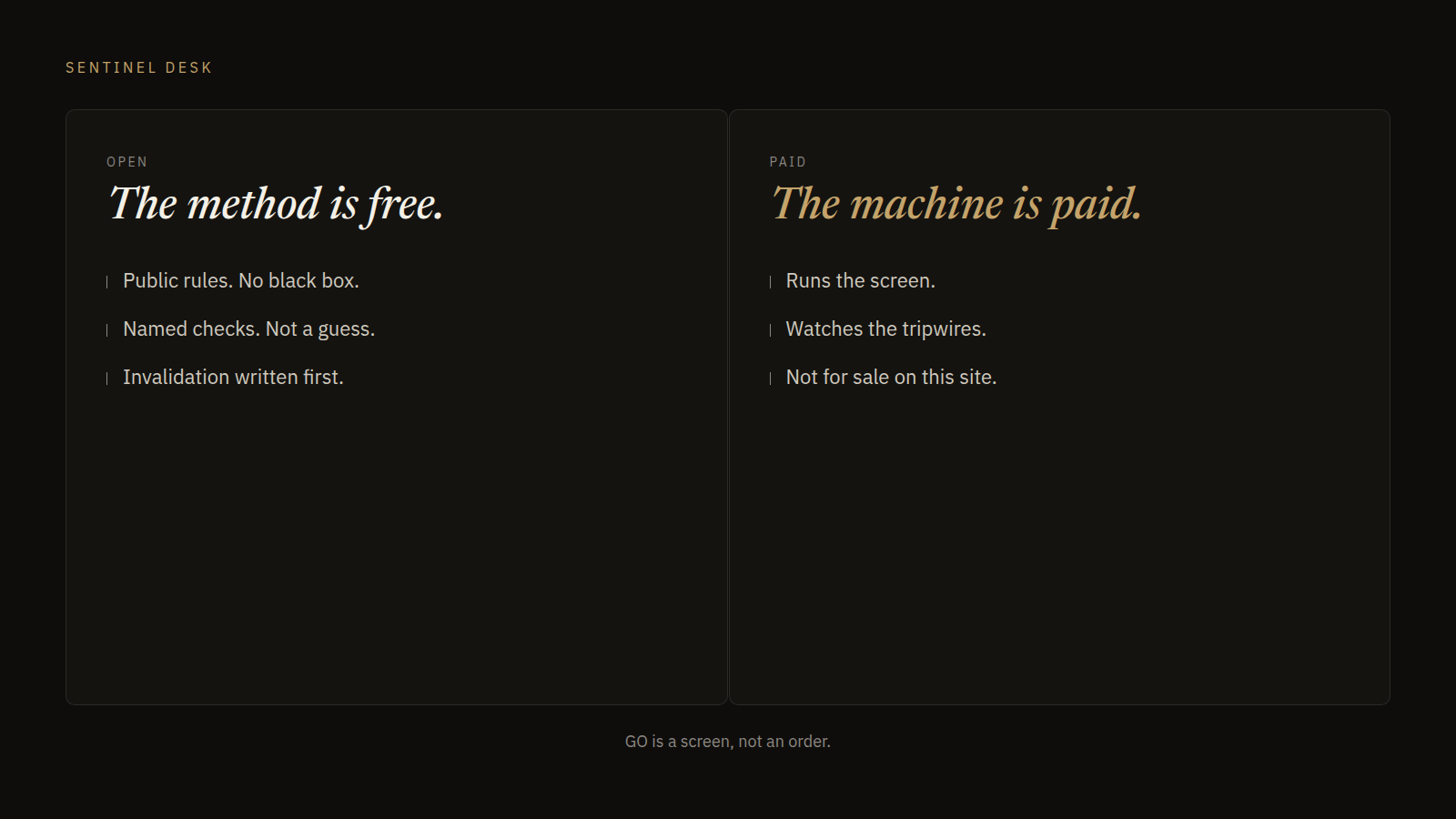 Two-layer desk: the method is free; the machine is paid. GO is a screen, not an order.